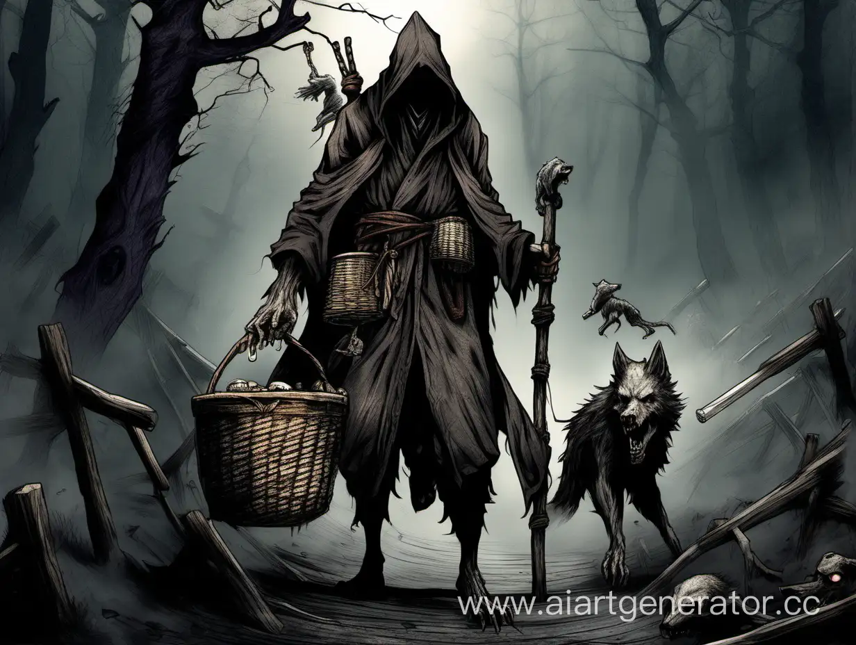 Hermit in rugged and patch robe, face in horrible scars. On his back he wears basket backpack. On his rope belt rusted mug and two small bone charms. In hand wooden staff. Near him two werewolves accompanied him. Bloodborne.