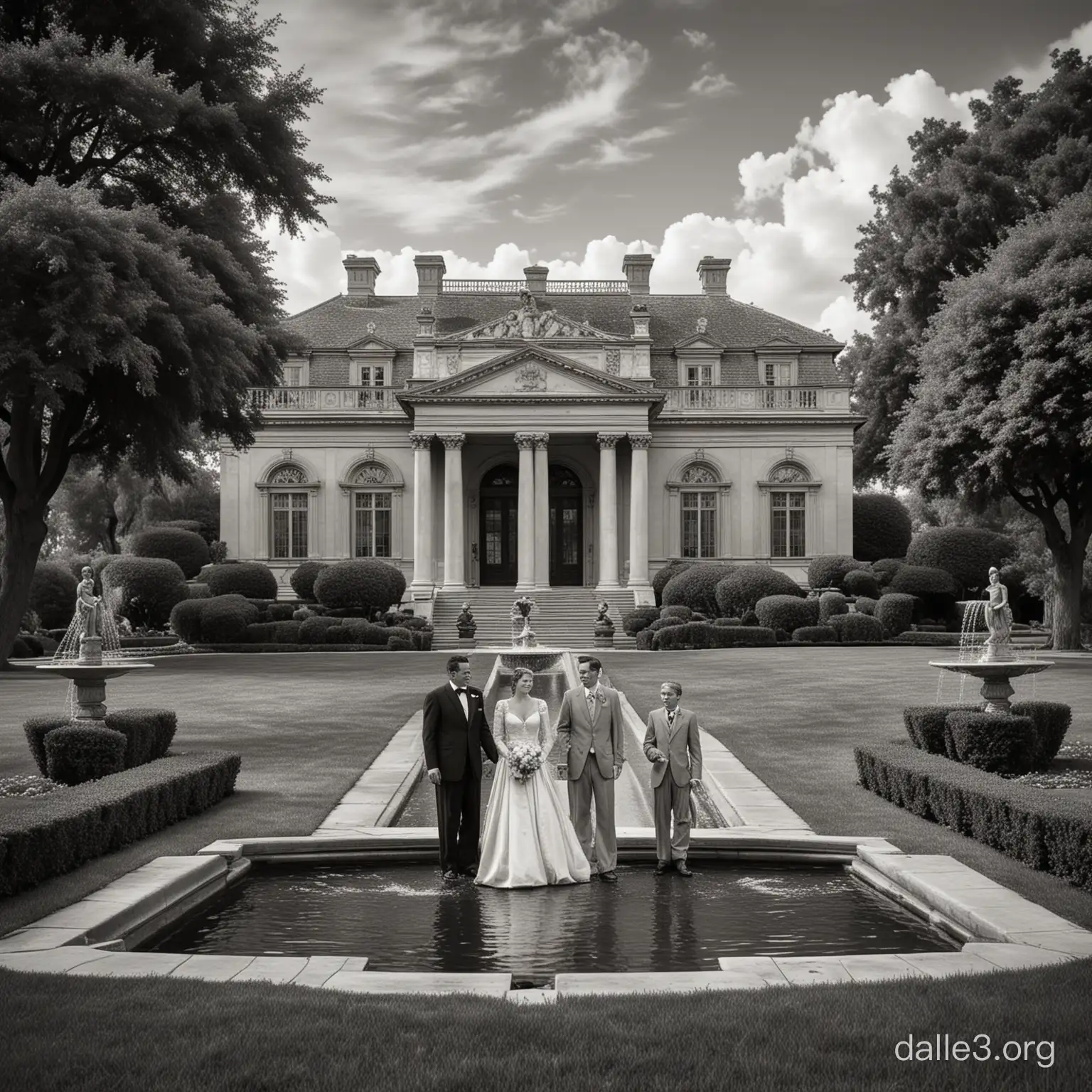 Create an animhis unique photograph showcases a family epitomizing the elegance and luxury of old money. They stand against the backdrop of their magnificent mansion, surrounded by an exquisite lawn. In the distance, a grand fountain adds to the scene of opulence and prosperity. This tableau reminds us of the times of great aristocrats, much like the Onassis family.🔍 Specifications:Style: Old Money Type: Photography Technique: Realism Size: 1:1 Detail: High detail, realism, 1:1 scale, black and white