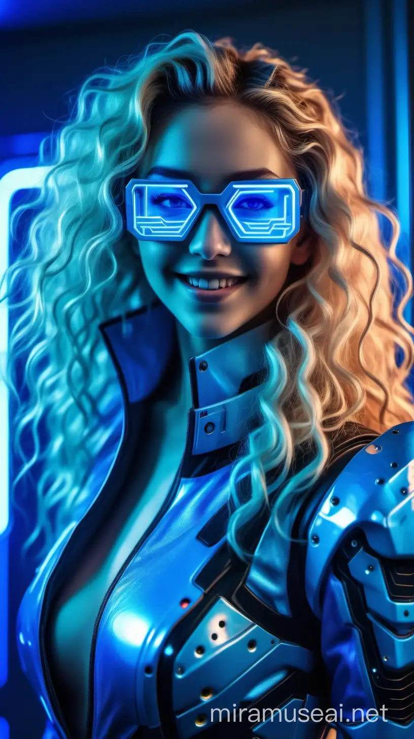 Beautiful Cyberpunk Girl in Bright Blue Armor Suit with Neon Glow