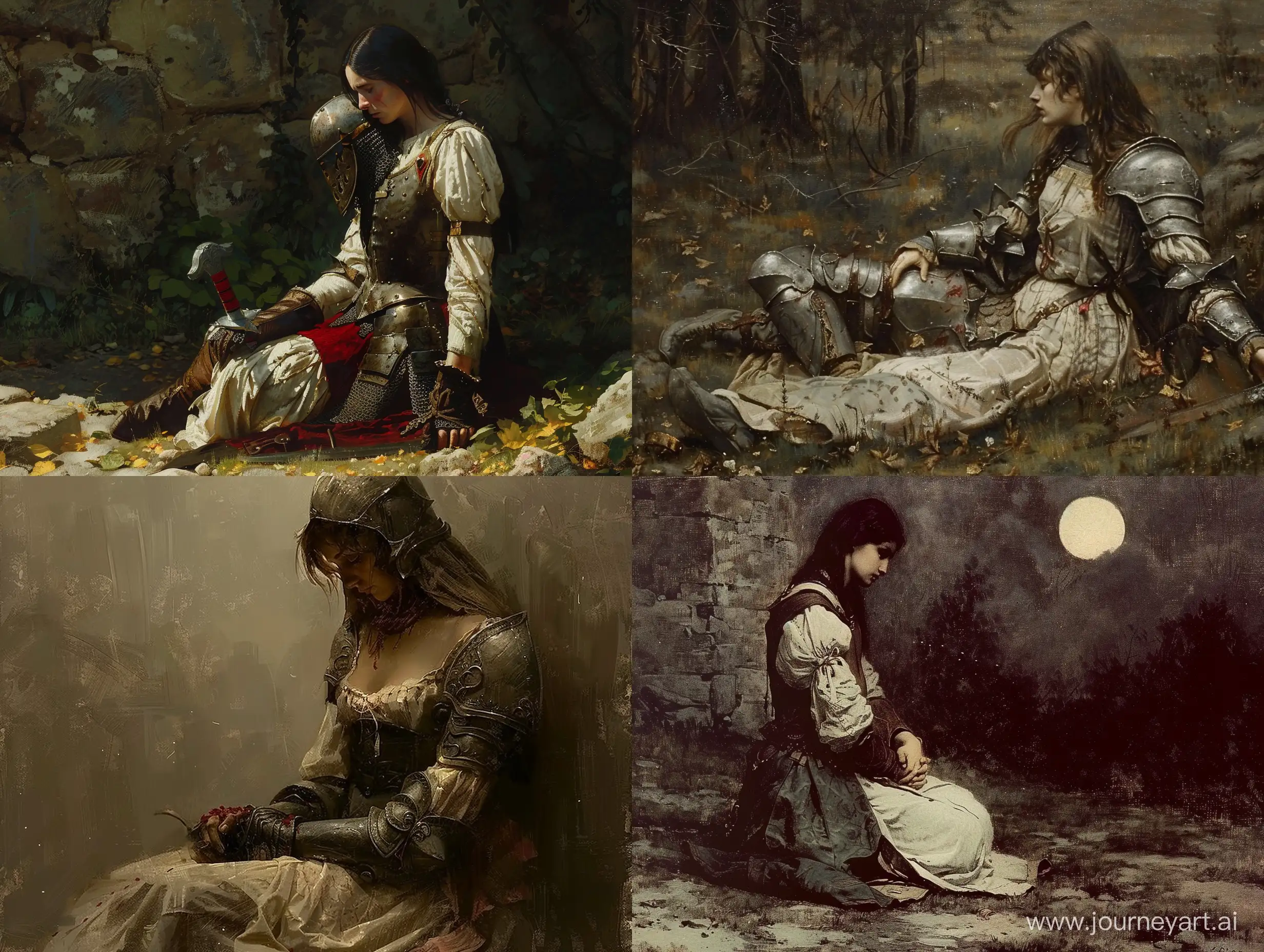 Средневековая дама сидит и переживает о том, что её суженный-рыцарь погиб в бою
