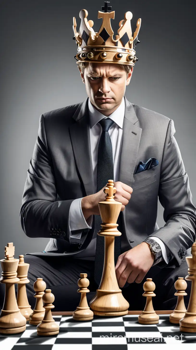 Créer une représentation visuelle du roi d'un jeu d'échecs dans le cadre d'une recherche d'emploi, où il est le stéréotype du candidat démotivé 