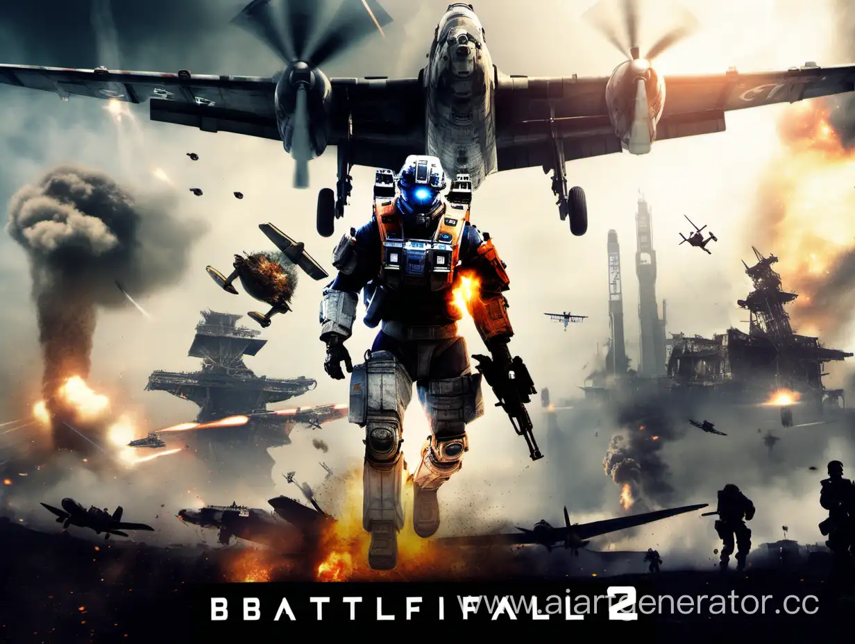 Titanfall 2 VS battlefield 1. An epic picture. the picture is conventionally divided in half vertically. The text is in the center, "Titanfall 2" on top, "VS" in the middle, "battlefield 1" on the bottom. On the right is the main character of Titanfall 2, and behind him is his titan "bt-7274". On the left is a World War I fighter from Battlefield, and behind him is a plane dropping a bomb. 