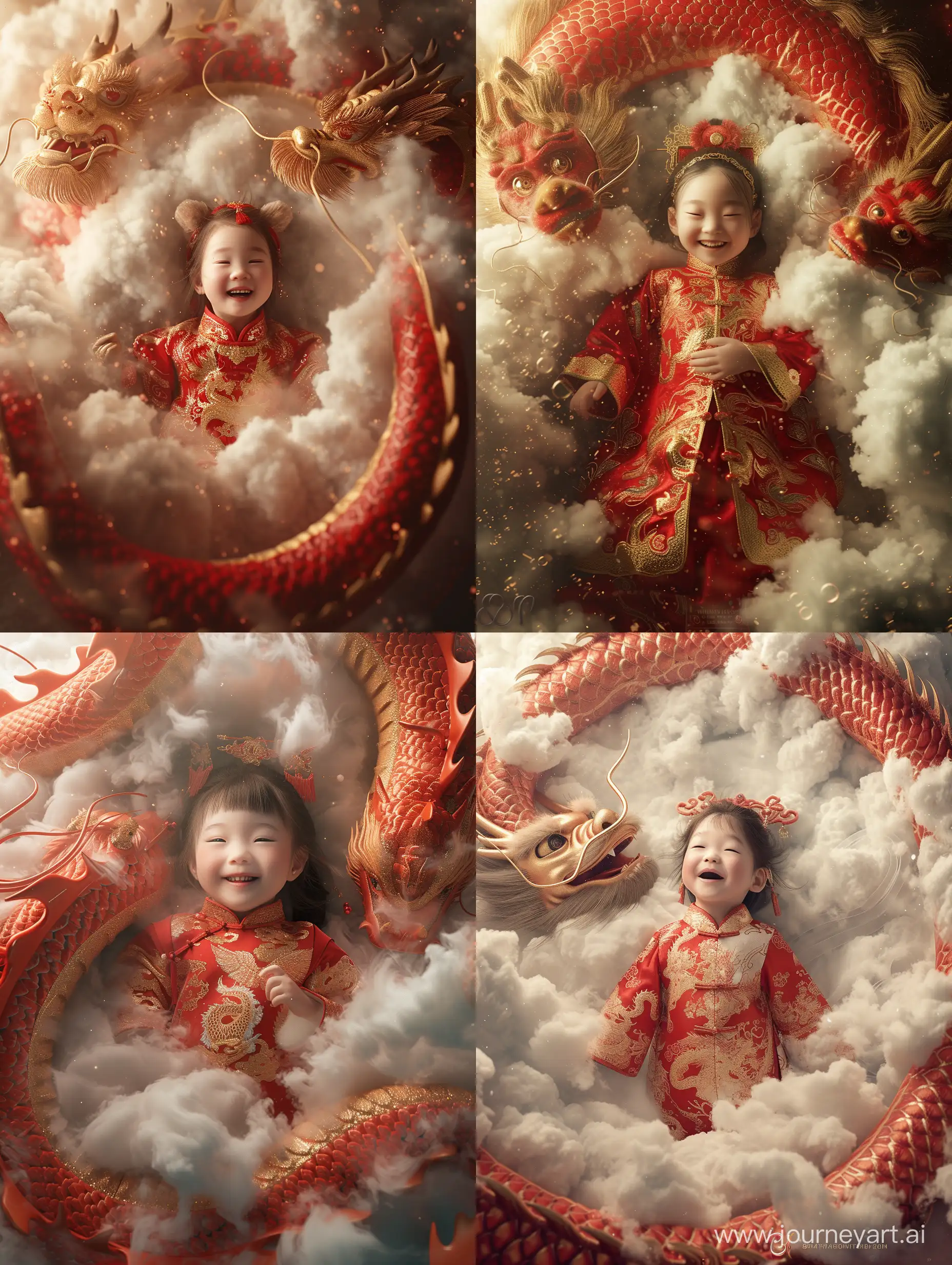 A 1-year-old girl wearing traditional Chinese clothing, surrounded by a Chinese dragon sleeping in the clouds, with a smile on her face, red and gold styles, semi transparent texture, vortex, anime aesthetics, furry art, photo taking, half body photos, facial close-up, carefully crafted, 3D, C4D rendering, 8K, ultra-high details