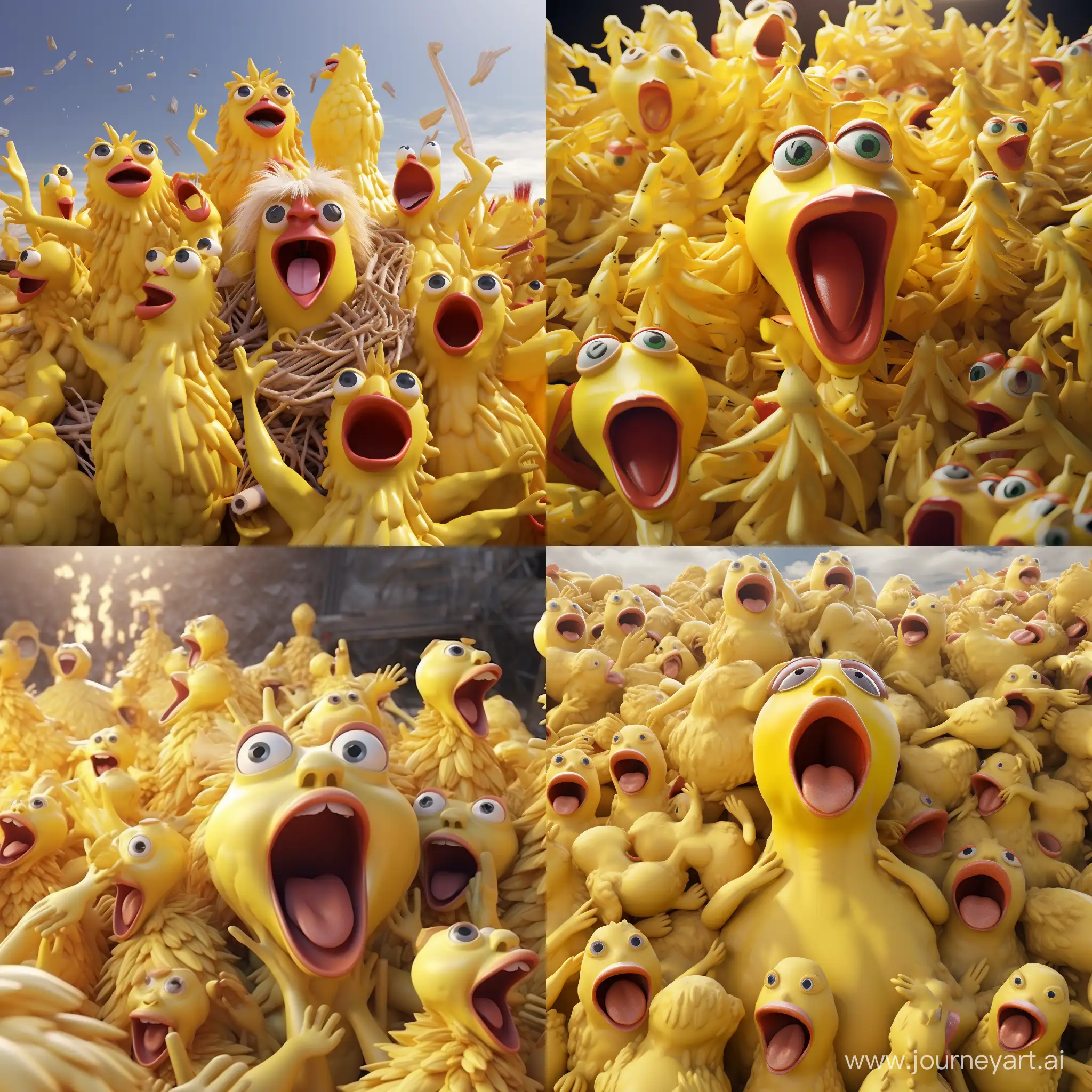 A Screaming Yellow Rubber Chickens is an imitation plucked fowl made in a latex injection mold, 10 toys  piled up in a heap, 3d rendered, blender render, detailed, ultra high definition