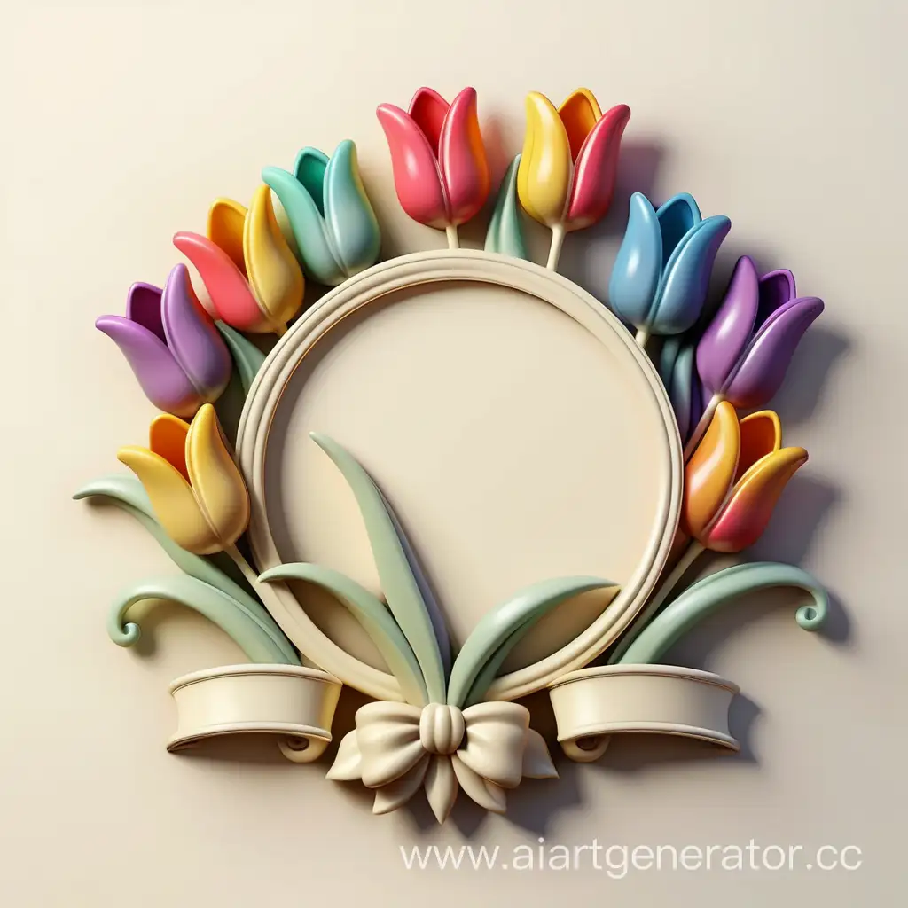 simple logo of 3D tulip flowers cream rainbow vintage frame. made of wind.
