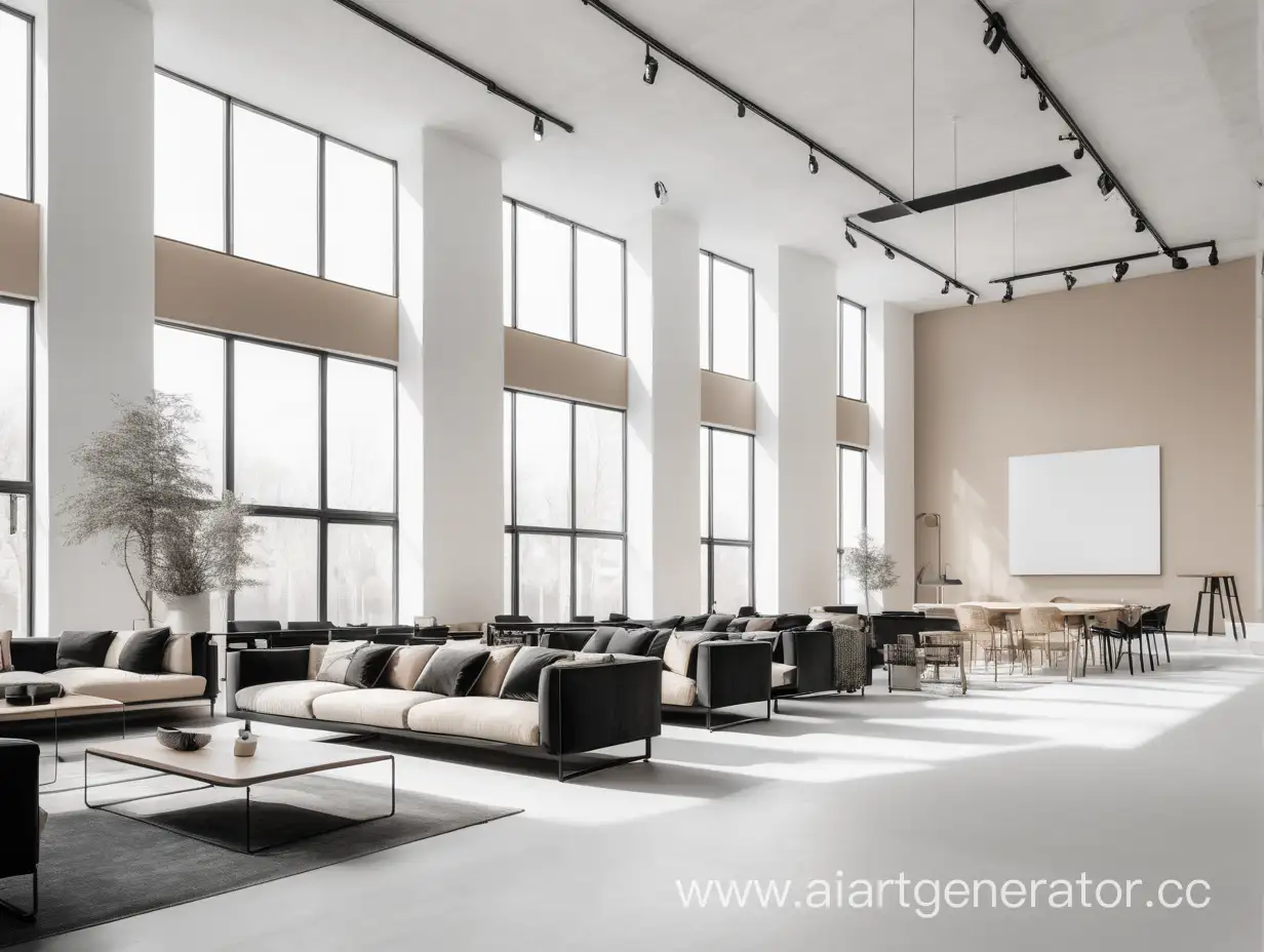 просторное минималистичное чёрно-белое помещение с элементами бежевого декора в современном архитектурном колледже с современной красивой мебелью чтоб было видно, что это нарисованный фон