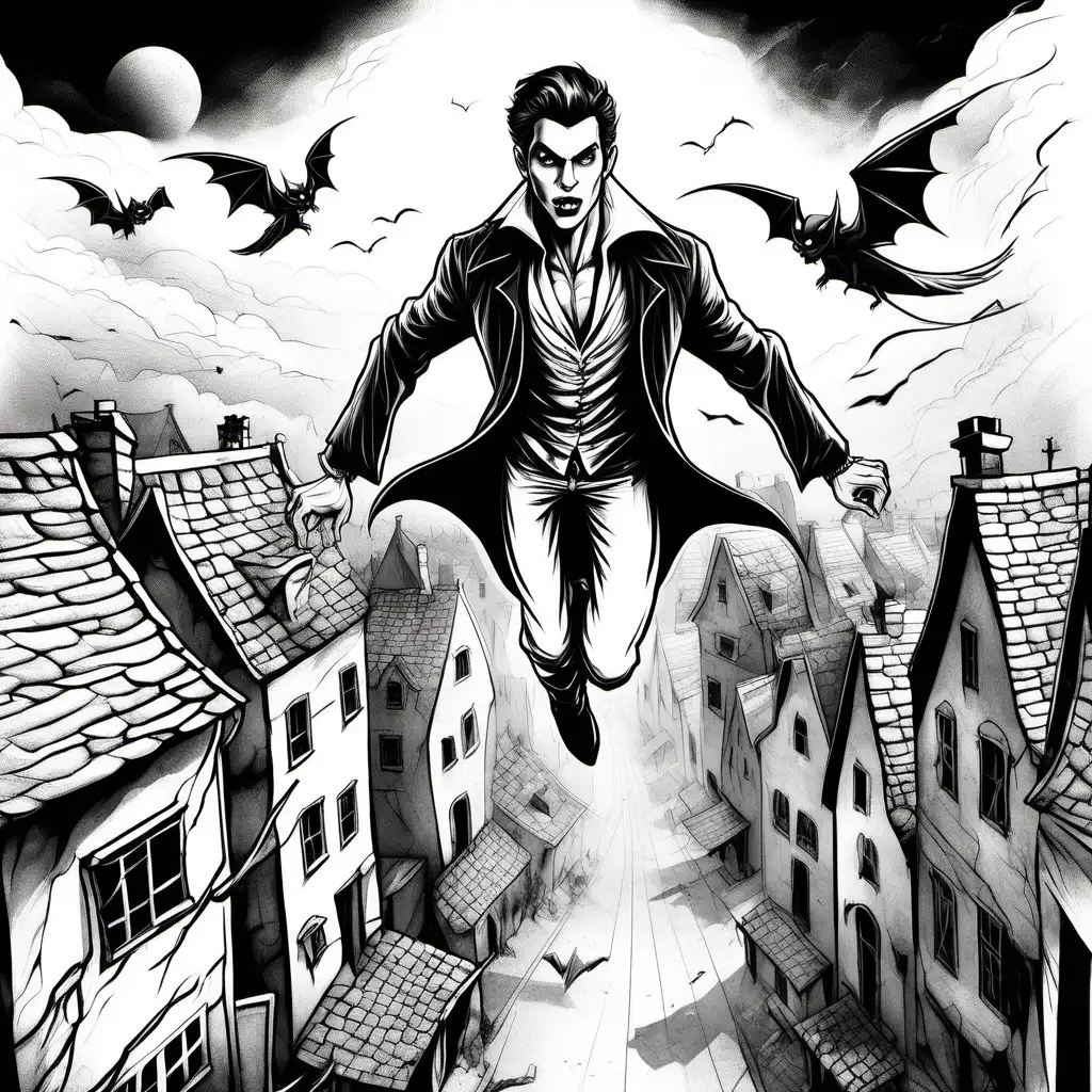 simple black and white drawing of  a handsome young vampire dressed in white and flying over village in white with white background