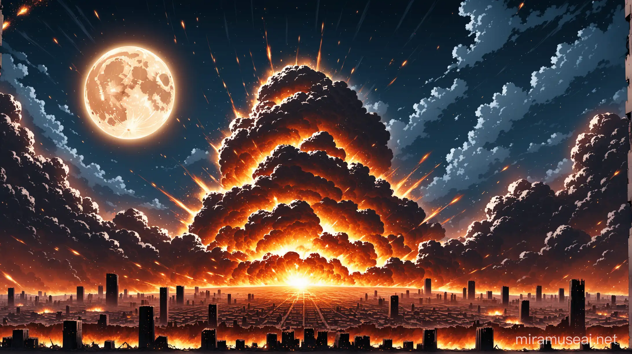 Moon Explosion Over Ruined City Computer Wallpaper