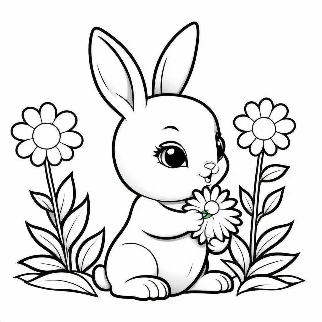 Baby bunny hold flower , Coloring Page, black and white, line art, white background, Simplicity, Ample White Space. The background of the coloring page is plain white to make it easy for young children to color within the lines. The outlines of all the subjects are easy to distinguish, making it simple for kids to color without too much difficulty