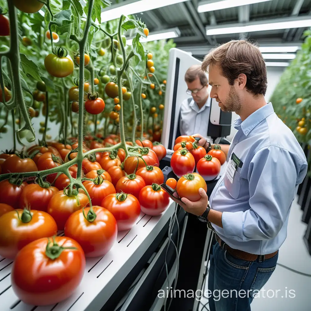 Laser scanner and stimulation: Each tomato entering storage is scanned to determine its unique genetic fingerprint. This data guides tailored laser pulses targeting key genes to boost natural defenses against spoilage