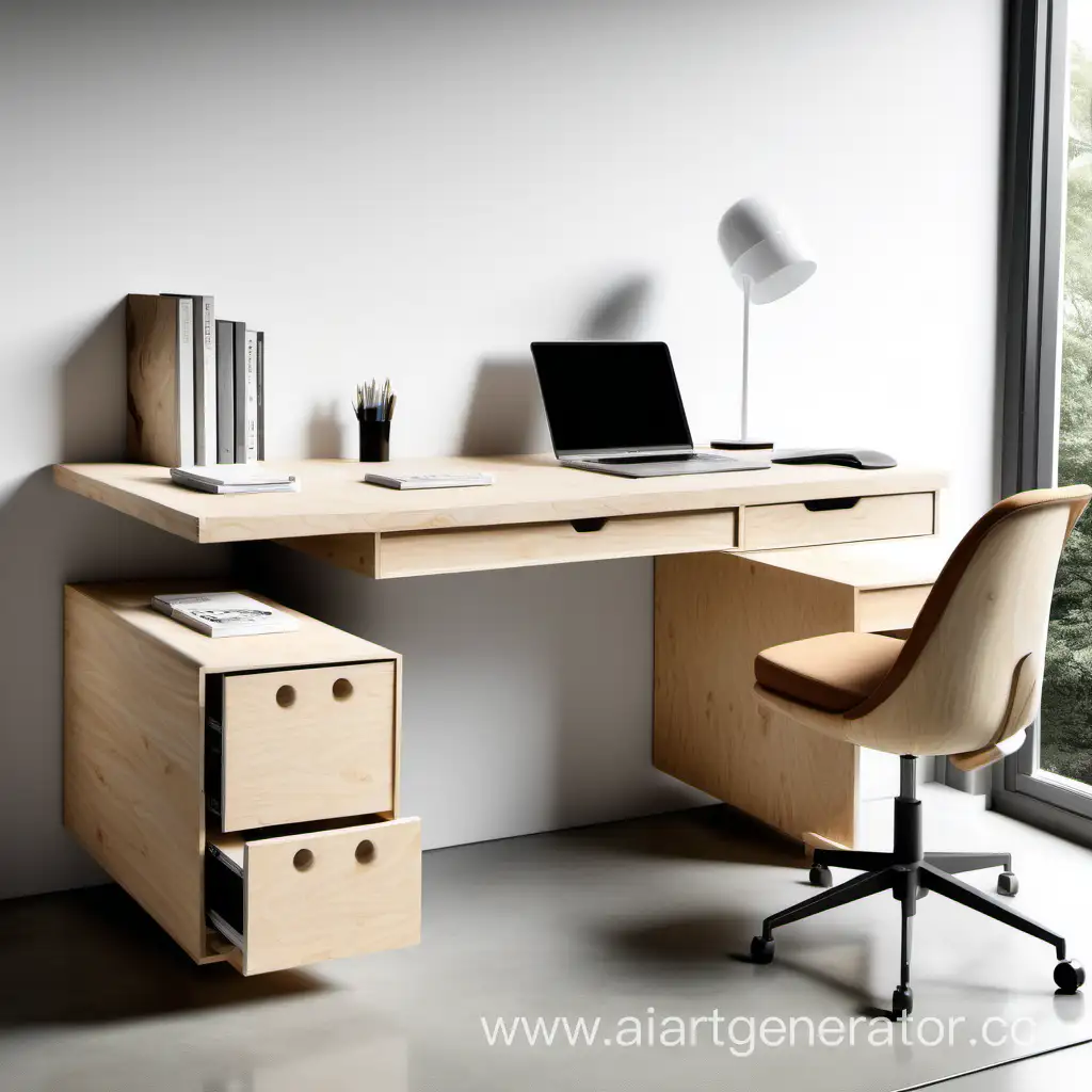 Современный рабочий стол из дерева или фанеры с выдвижными ящиками и большим  местом для хранения
