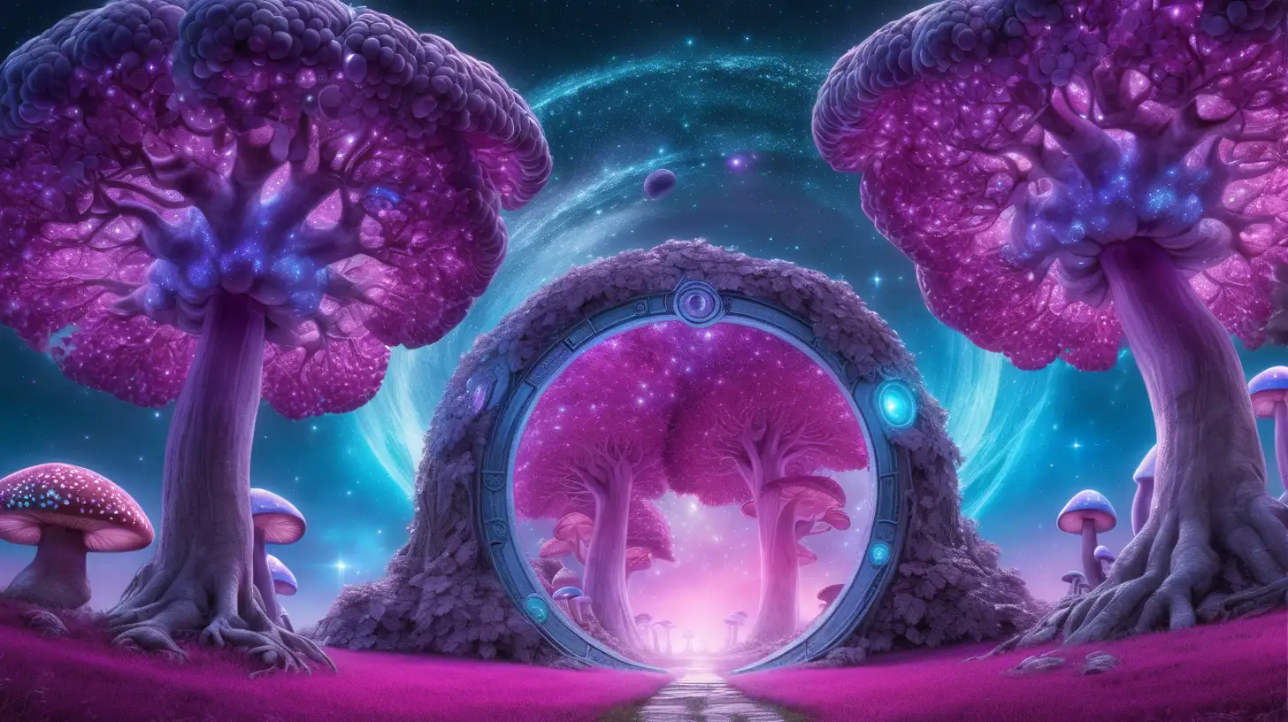 Enchanting Grape Trees Portal Revealing Cosmic Mushrooms