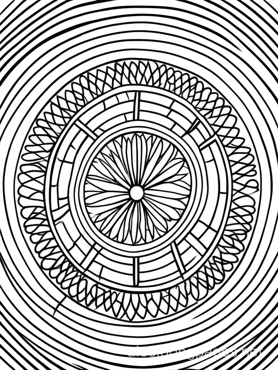 draw relaxing patterns circular, Coloring Page, black and white, line art, white background, Simplicity, Ample White Space. The background of the coloring page is plain white to make it easy for young children to color within the lines. The outlines of all the subjects are easy to distinguish, making it simple for kids to color without too much difficulty