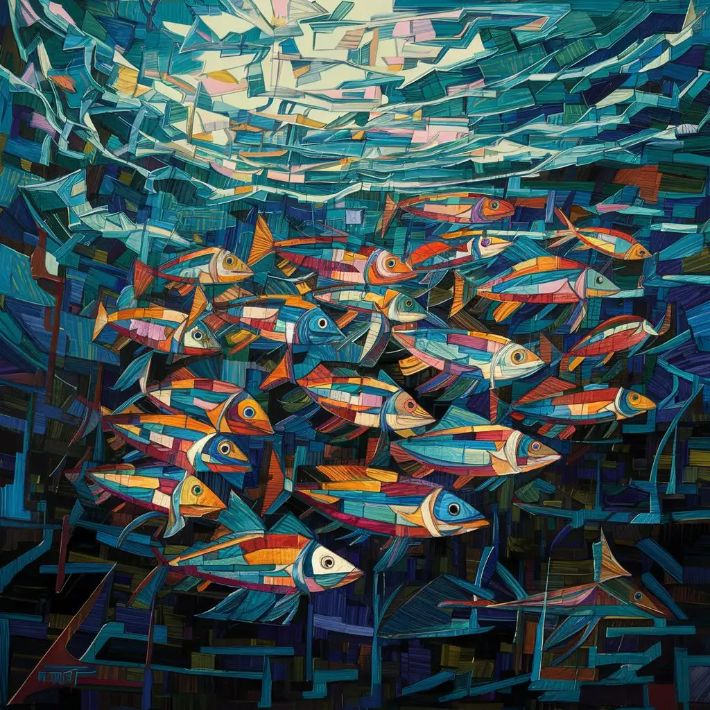 Рисунок рыб под водой яркого цвета в стиле кубизм с большим количеством линий