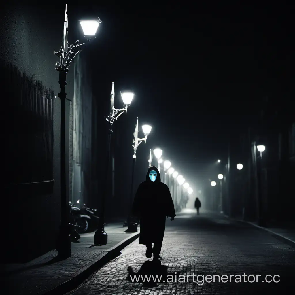 Masked-Figure-Walking-Along-Dimly-Lit-Street-at-Night