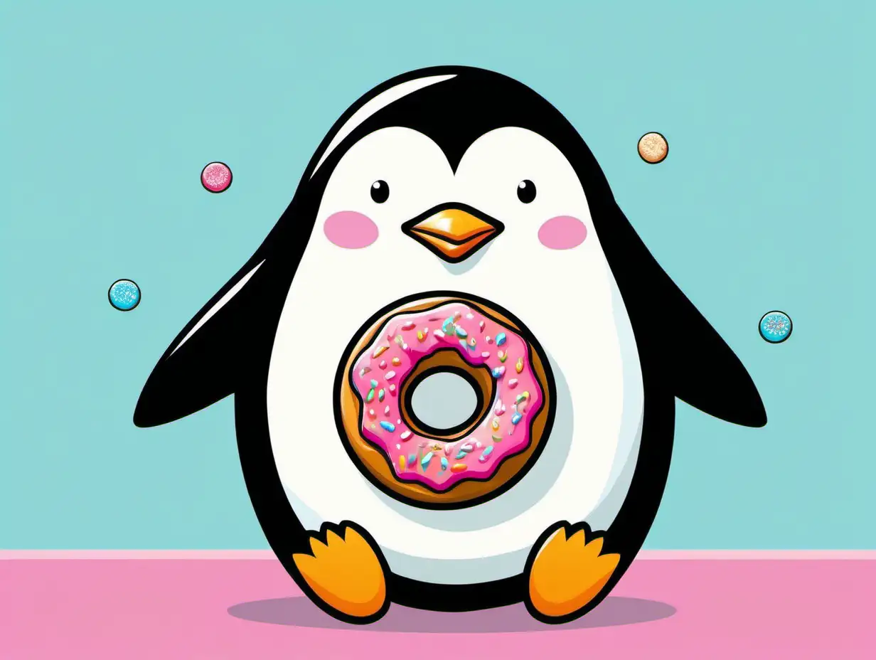 **Art Style:** Chibi, characterized by exaggerated features and a cute, cartoonish aesthetic.

**Composition:**
- The scene is framed from a frontal perspective, focusing on the chubby penguin eagerly devouring a colorful donut held in its flippers. The penguin's round body fills the frame, with the donut positioned prominently in front of it.

**Subject:** 
- The main subject is a chubby penguin enjoying a delicious donut.

**Visual Elements:**

- **Character:**
  - **Penguin:**
    - **Body:** Round and chubby, with stubby flippers raised to hold the donut.
    - **Expression:** Wide-eyed and excited, with a big smile stretching across its face.
    - **Features:** Exaggeratedly cute, with large, shiny eyes and a small beak.
  - **Donut:**
    - **Appearance:** Colorful and sprinkled with an assortment of toppings, such as icing, sprinkles, and perhaps even a cherry on top.

- **Setting:**
  - The scene is set against a simple backdrop, perhaps with a light pastel color or a pattern of polka dots or stripes, adding to the whimsical and playful atmosphere.

**Atmosphere/Mood:**
- The overall feeling is one of pure joy and indulgence, as the chubby penguin savors every bite of its tasty treat with childlike enthusiasm.