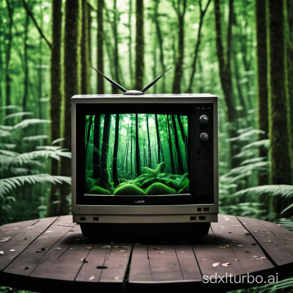 Vintage-CRT-TV-on-Table-in-Enchanting-Forest-Setting