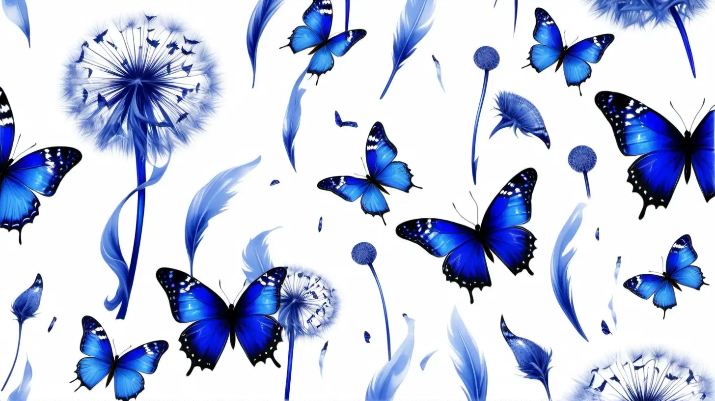 Vibrant Royal Blue Butterflies and Dandelions on Transparent Background
