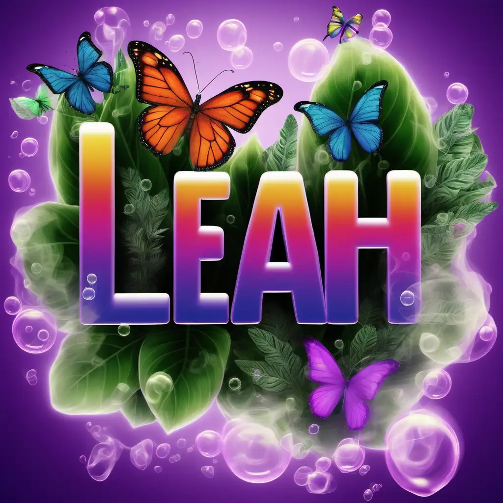 create an image of the name "Leah" with a colorful smoke background. with intertwined houseplants, purple buttlies and colorful bubbles