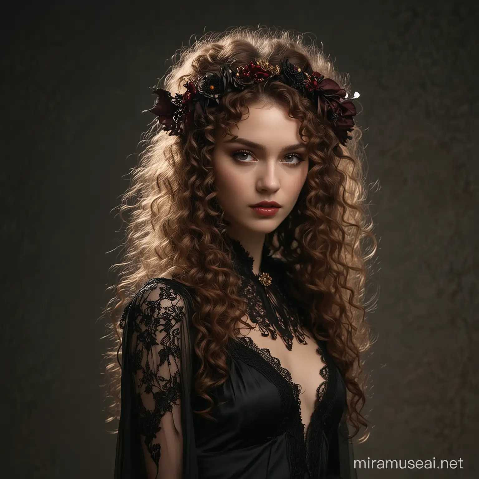 Beautiful vampire fairy, gorgeous and sensual, dark fantasy, in minimalistic silk dress, minimal lace headwear at forehead, ethereal curly fluffy long oak hair, pearly dim light, in the style of Versace, highly detailed, plain background, movie quality