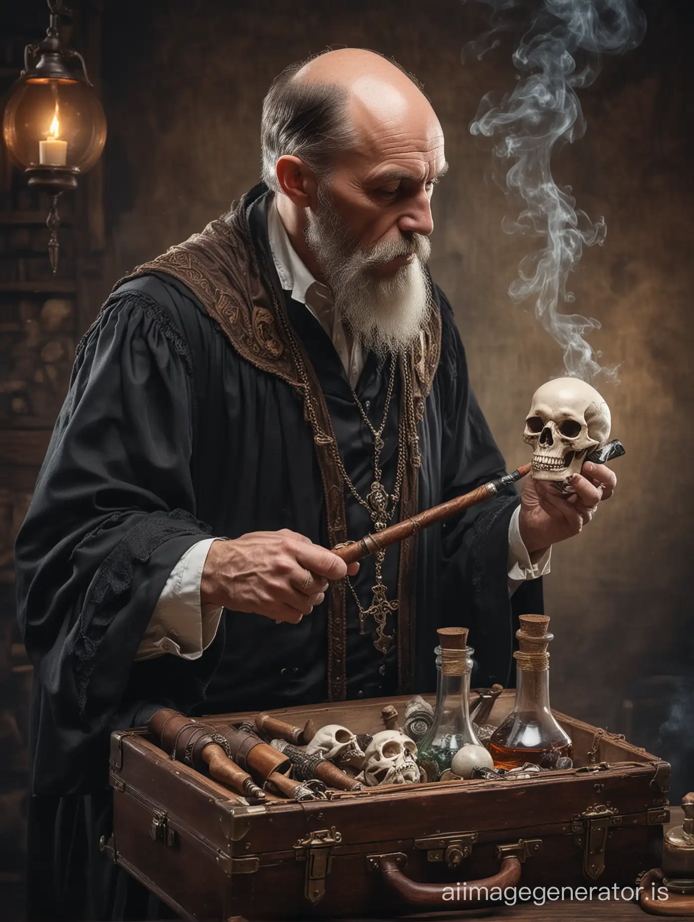 middle age human male wizard. smoking a churchwarden pipe. holding a skull in one hand. wooden briefcase with the lid open and full of potions. Background old fantasy alchemy lab