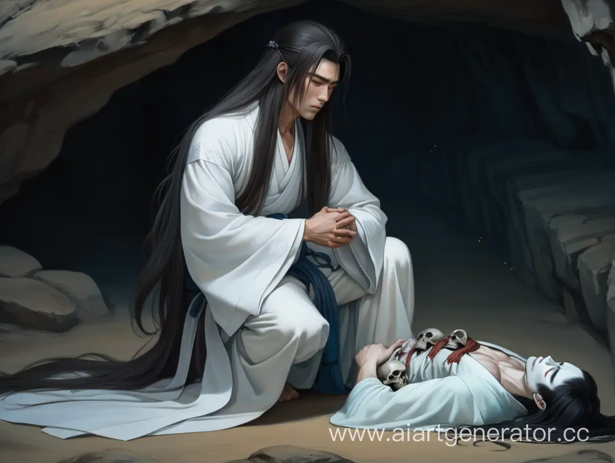 Красивый грустный юноша с длинными волосами сидит на коленях, держит мёртвое тело красивого юноши в руках, белое ханьфу, пещера