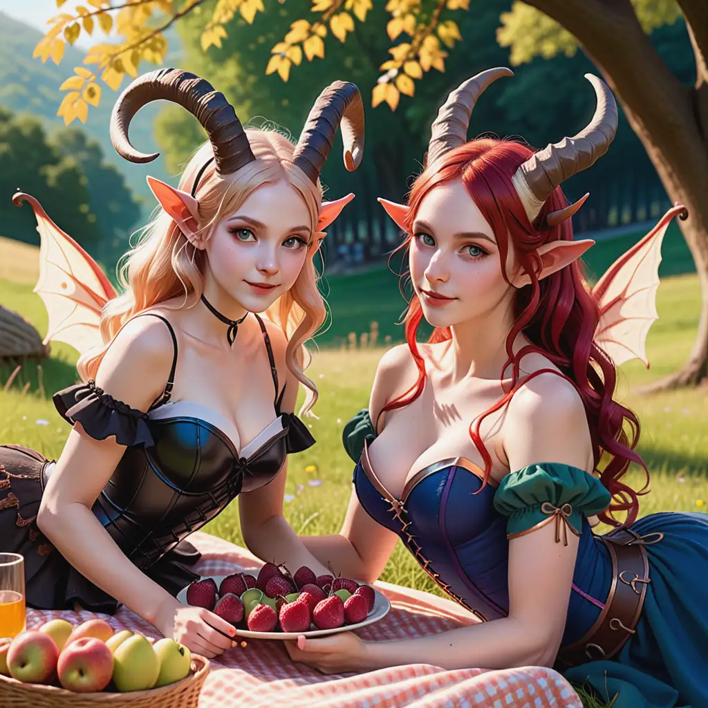  Two lesbian lovers having a picnic, one with red skin and elf ears,  the other with pale skin and faun ears.. The first is a teifling, beautiful crimson skinned woman with sweeping devil horns and long elf ears.she wears  she wears a delicate black bodice with flowing arms and a deep blue corset. Next to her standing is her partner, a cute blonde saytr goatgirl with small curled rams horns and long faun ears. Magical music notes playfully dance in the air, as they lie on a idealistic summer hillside picnic 