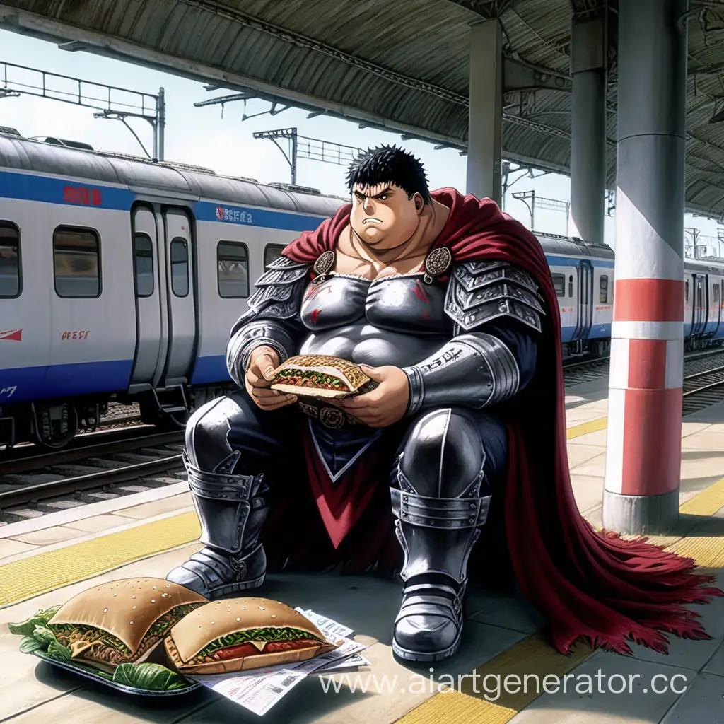 Очень толстый Гатс  из аниме берсерк сидит на вокзале и кушает шаурму, позади него электричка ржд,  а вокруг него листики, грязь, бумажки