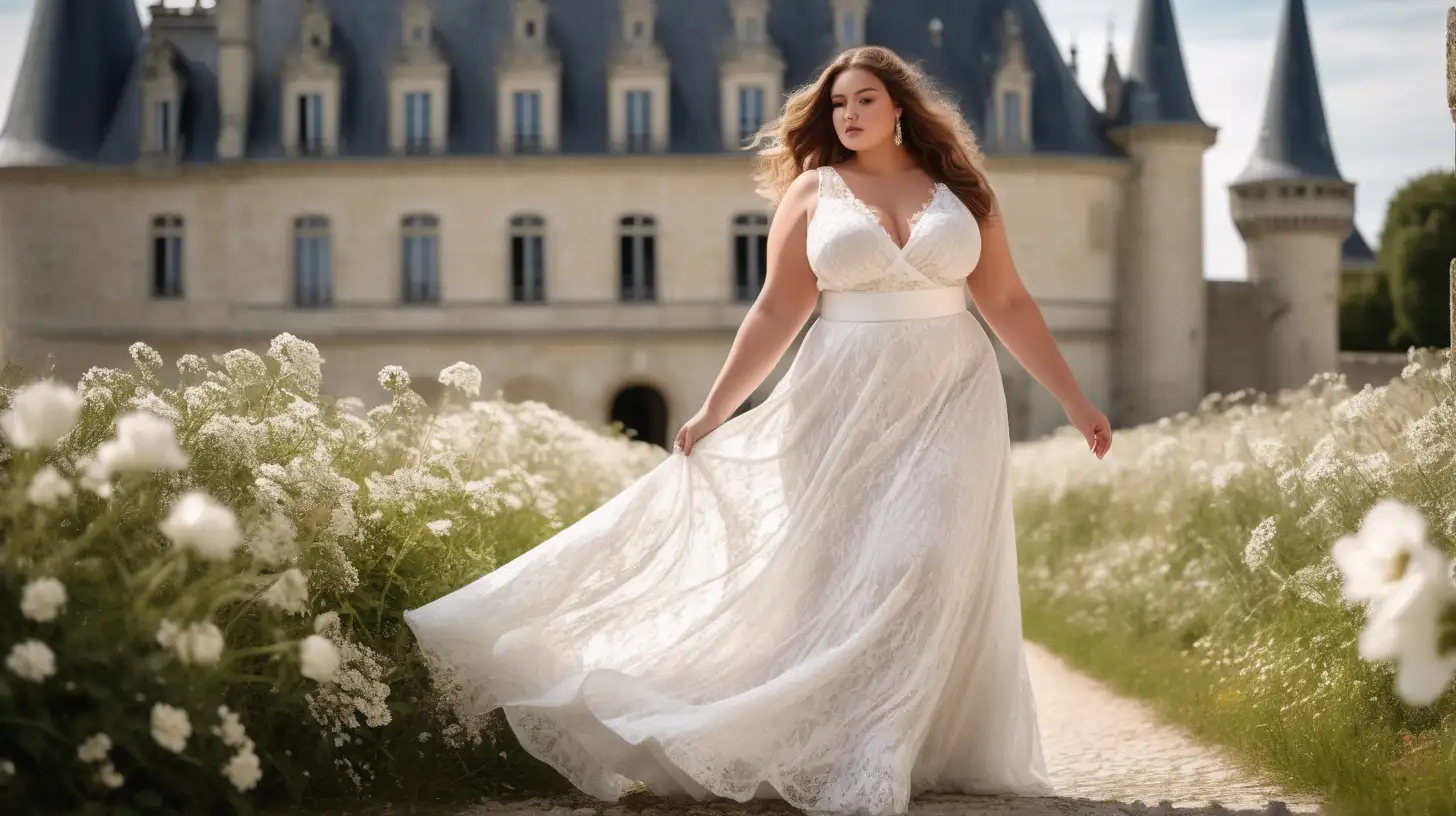 beautiful, sensual, elegant plus size model wearing a long lace white gown with a very flared skirt, white long flared skirt, fitted white bodice, surplice sleeveless with wider straps, empire defined waistline with a waistband tonal to the dress, slight romantic smile, hair is flowing in the wind, luxury photoshoot inside a castle in France, flowers in the background