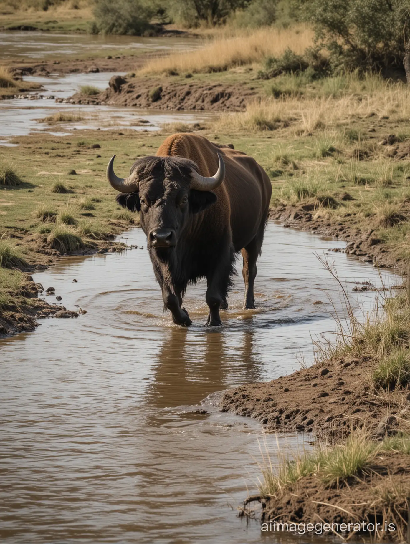 a buffalo waliking in the river