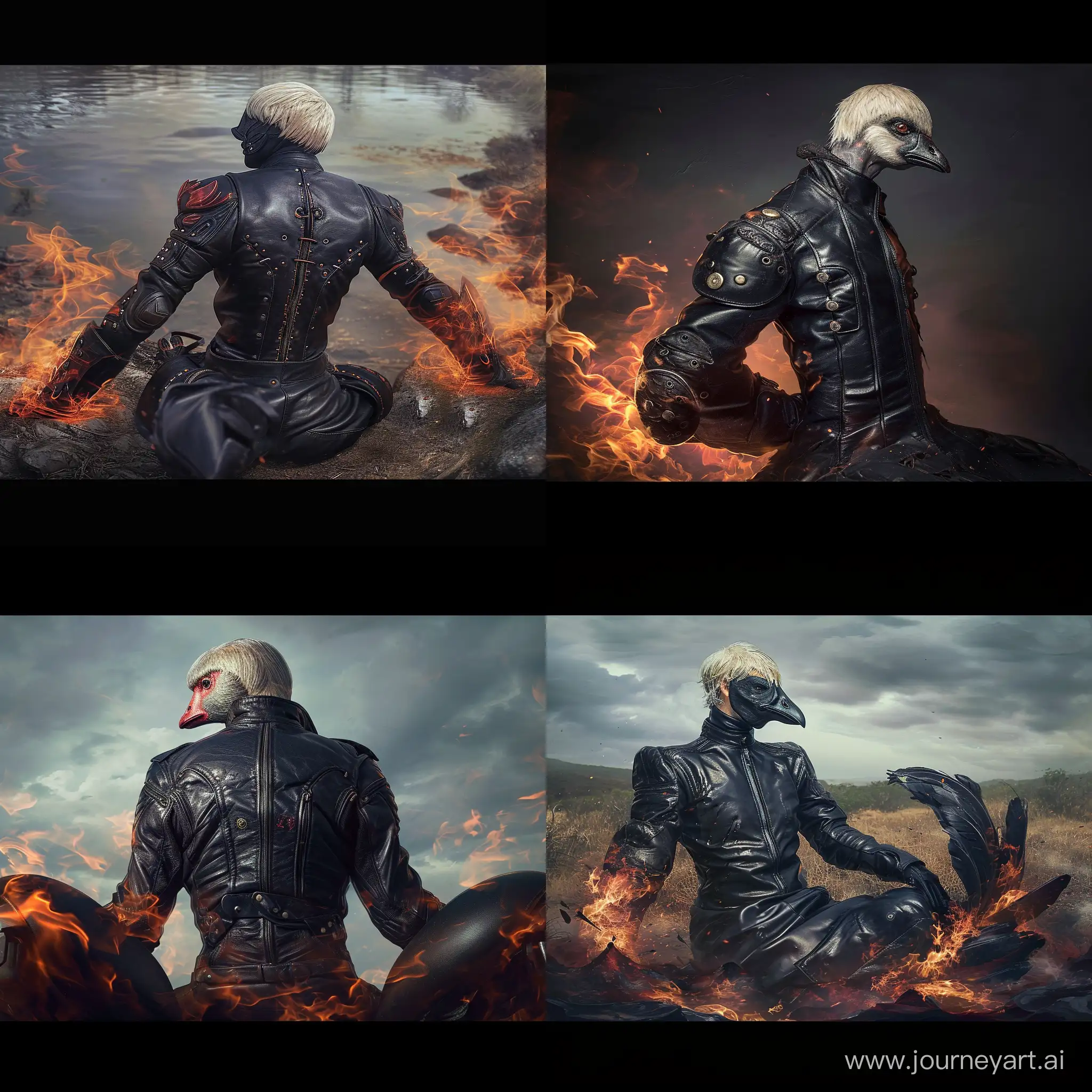https://i.postimg.cc/4yzRxKCB/i.jpg Goose in Leather, Ghost Rider, view from afar, panorama, --v 6