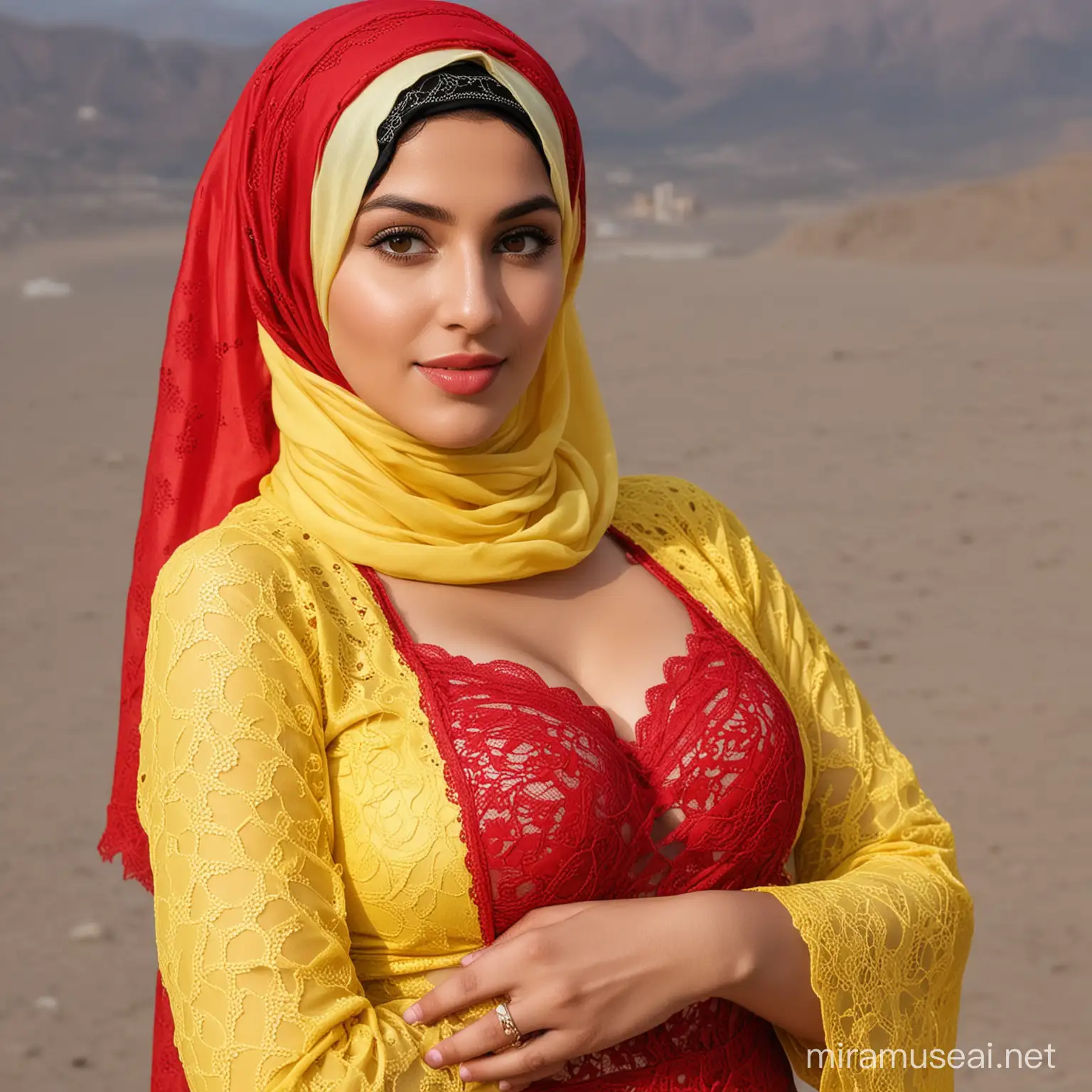 A picture of a beautiful girl in Oman, wearing a hijab, a red scarf, very big breasts and a yellow lace dress
