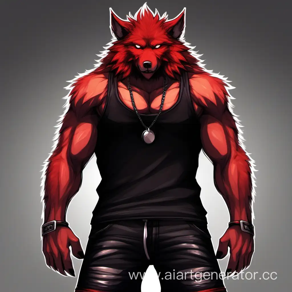 Фуррии волк парень с рыжей шерстью. Одет в чёрные шорт и черную майку. 