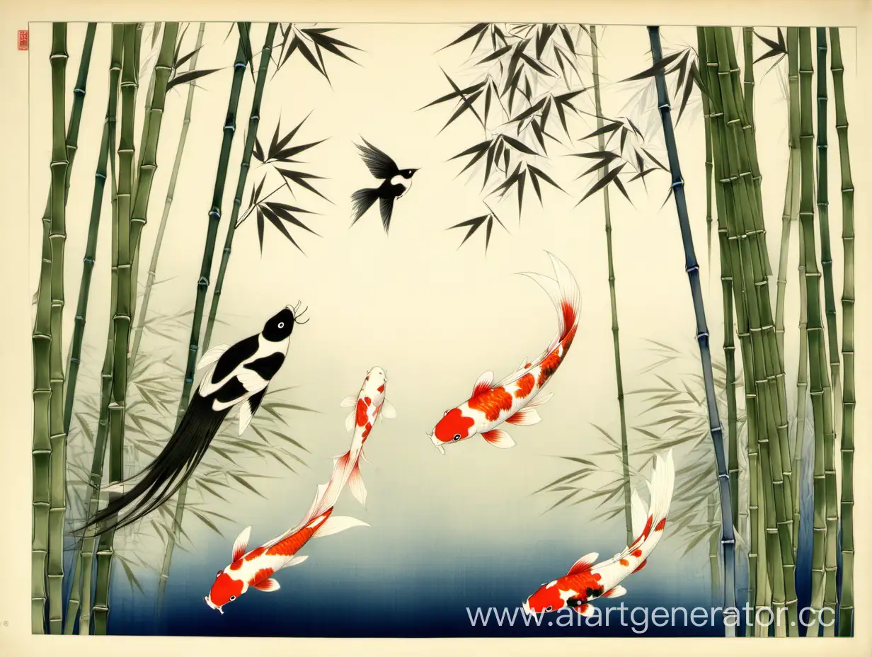 Tranquil-Koi-Pond-Amidst-Bamboo-Grove-with-Playful-Magpie