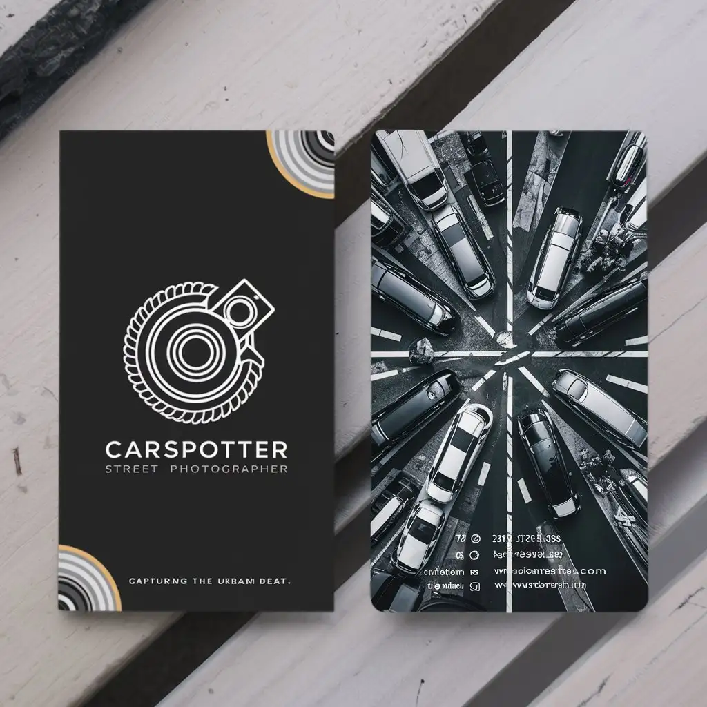 create a business card for a carspotter street photographer, the back and front should be visible
