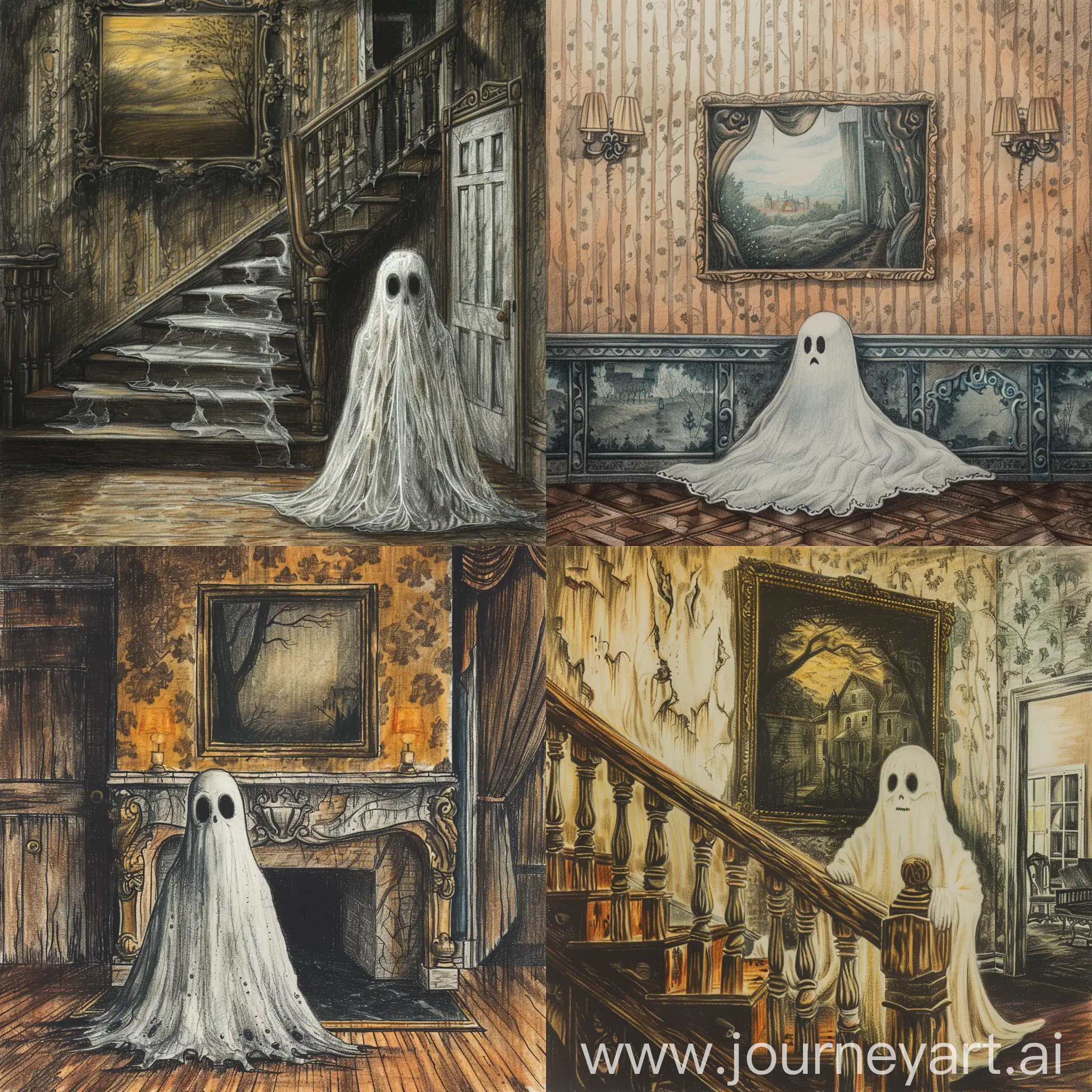 an old scary ghost in a old mansion, in the background is an old painting, colored pencil art style