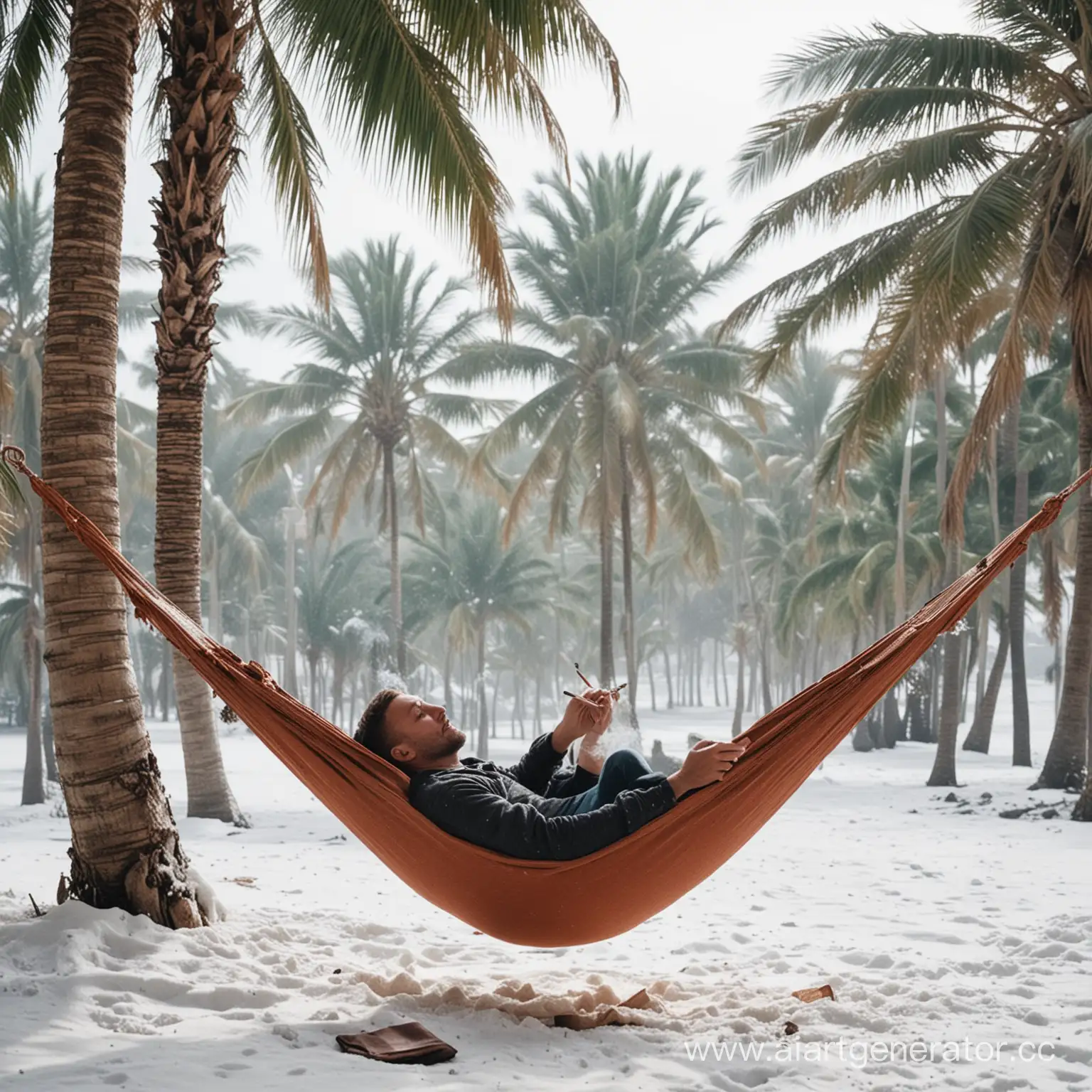 Relaxing-in-Contrast-Man-Smoking-in-Hammock-Under-Snowy-Palm-Trees