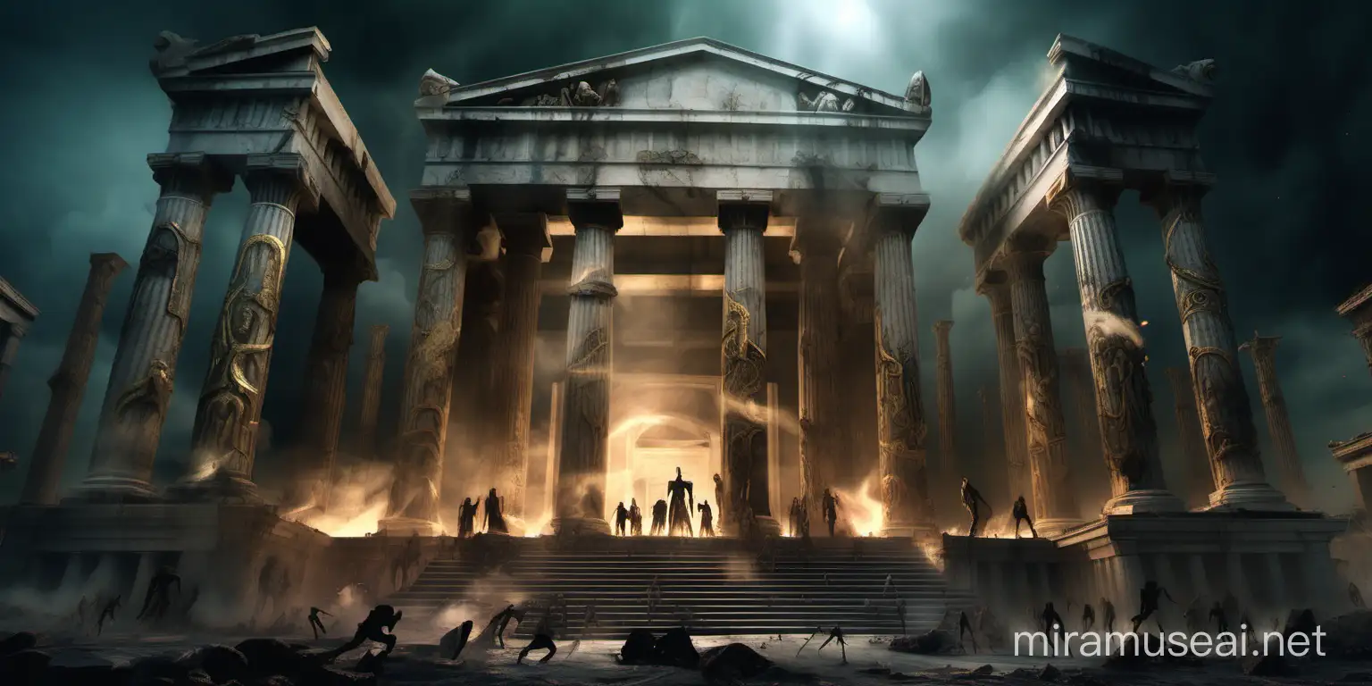 concept art, un temple grec ancien , une arène, des énormes statues épiques partout, des dorures et un décor chargé, ambiance sombre remplie de zombie avec des éclairs colorés et de la fumée