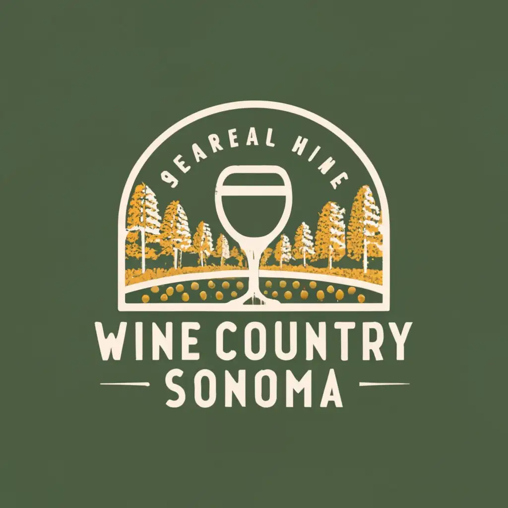 logo, ethereal, vintage, native american, vector, emblem, shimmering, Winecountry, sonoma, redwoods, insignia, wine glass, grapes, grape field, golden ratio, rows of trees, white, gold, black, green, indigo, with the text "wine country sonoma", typography, be used in Nonprofit industry
