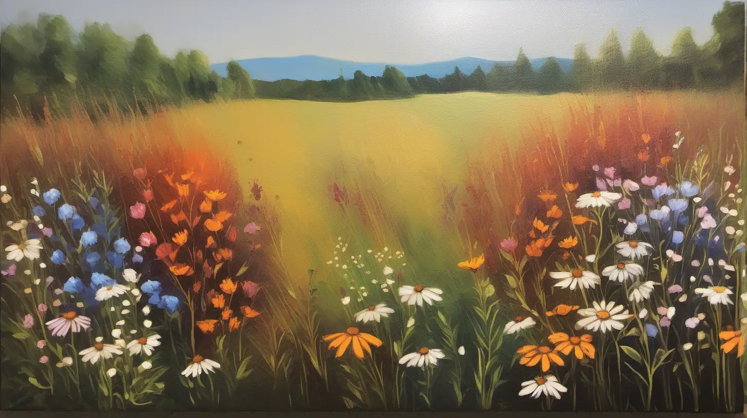 A boho oil painting of a field of wildflowers.