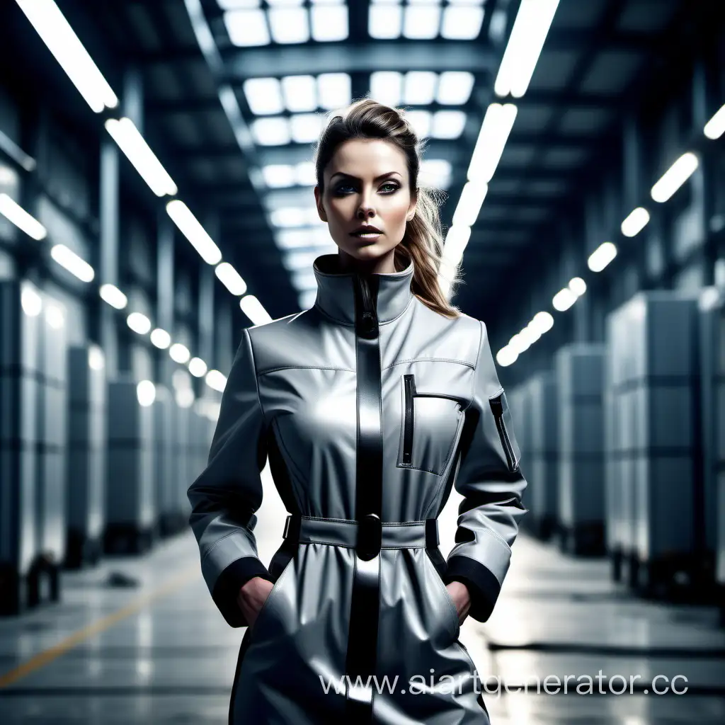 Ultra HD fashion photograph of a modern woman, confidently wearing insulated workwear in a futuristic, industrial setting. Sharp details, cinematic lighting, centered composition. Sleek metallic structures and dramatic lighting add a futuristic vibe. The image showcases the woman's strength and resilience, emphasizing her powerful stance. The high-resolution photo highlights the functionality and quality of the workwear, merging contemporary design elements.