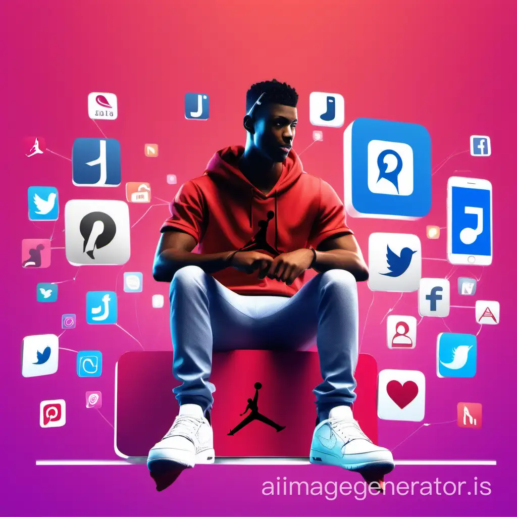 Create a 3D illustration of an animated male character sitting casually on top of a social media logo "App name". The male character must wear casual Air Jordan Brand clothing such as sport pants, t-shirt and sneakers shoes. The background of the image is a social media profile page with a user name "Your name" and a profile picture that matches the animated character. Make sure the text is not misspelled.