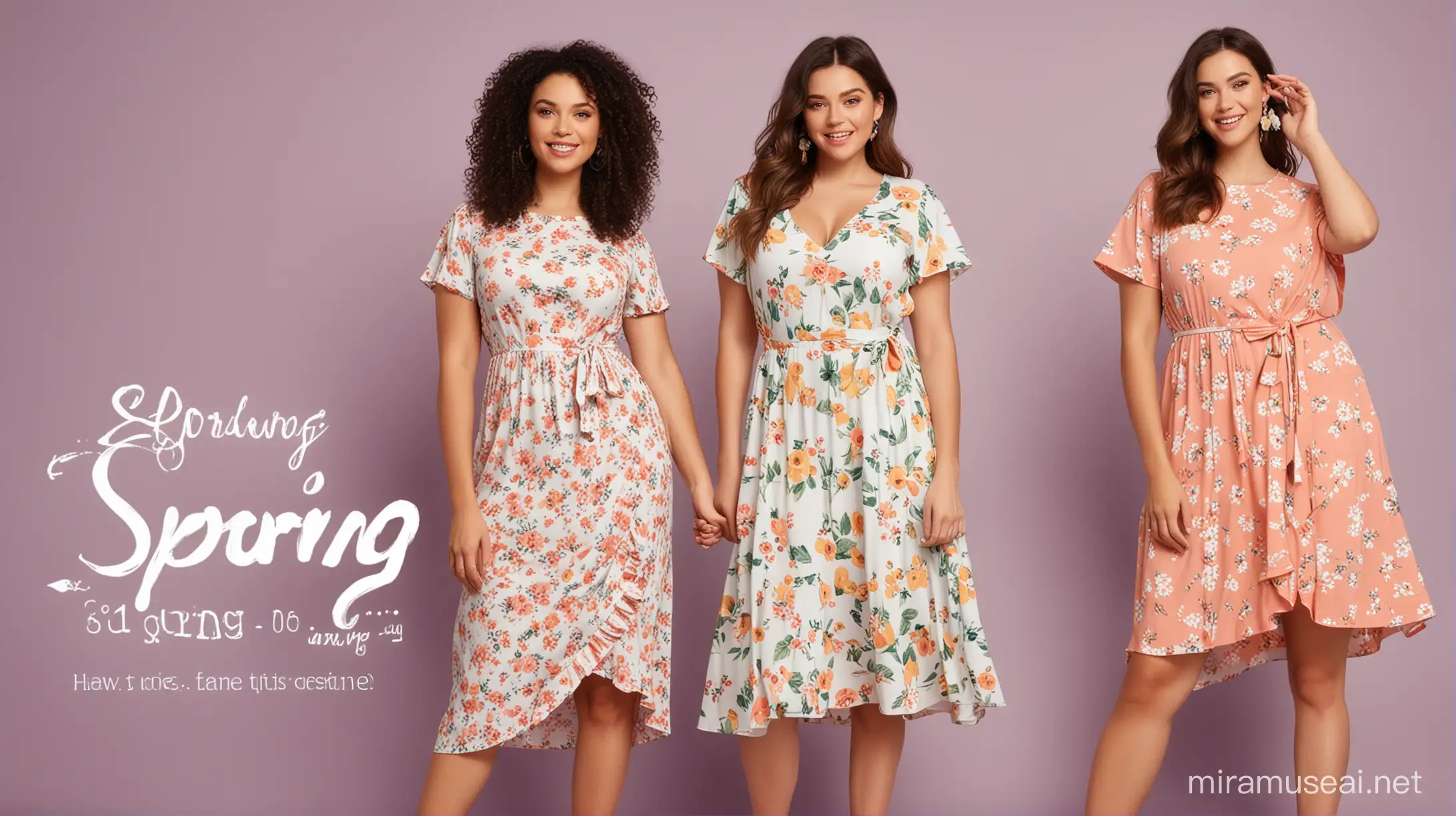 Curve women in short sleeve dresses, banner for website with slogan "Spring time"