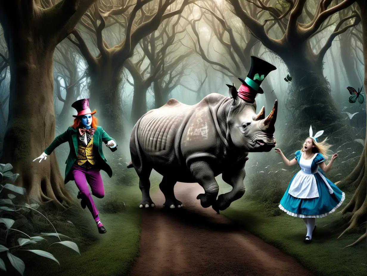 Rhino chasing Alice and Mad Hatter in an enchanted forest