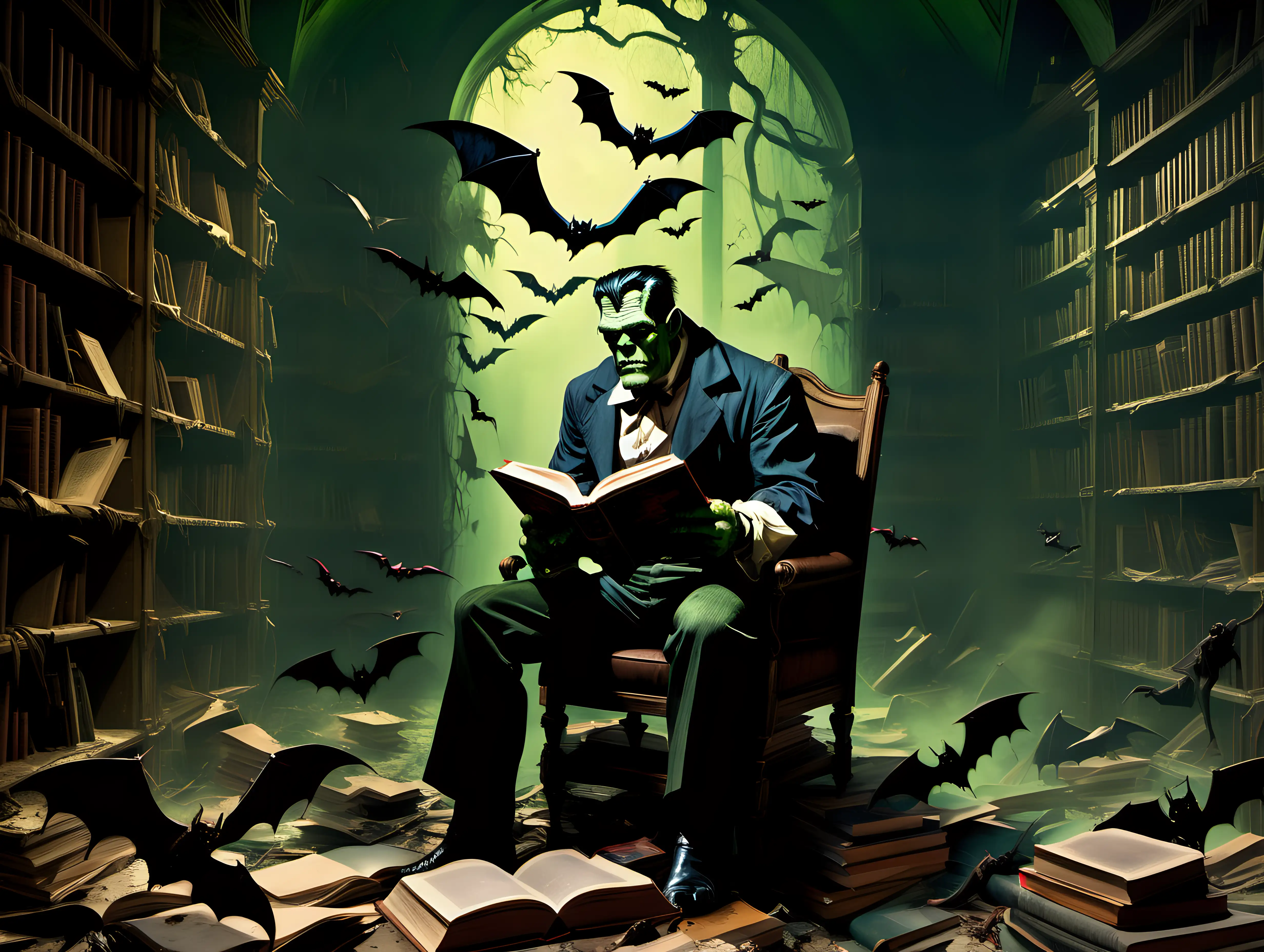 Frankenstein reading a book inside of an abandoned forgotten library and vampire bats flying around in the Amazon forest Frank Frazetta style