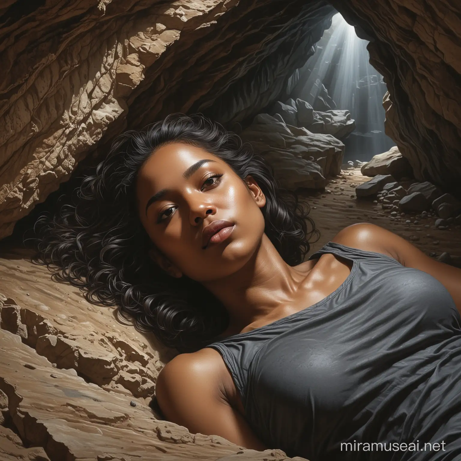 The image features a person lying in a cave. The cave is located outdoors, and the person is a girl. The ground of the cave is visible in the picture.Black woman beautiful face is shown.  The woman's body parts such as chest, thigh, stomach, and abdomen are visible.painterly smooth, extremely sharp detail, finely tuned detail, 8 k, ultra sharp focus, illustration, illustration, art by Ayami Kojima Beautiful Thick Black