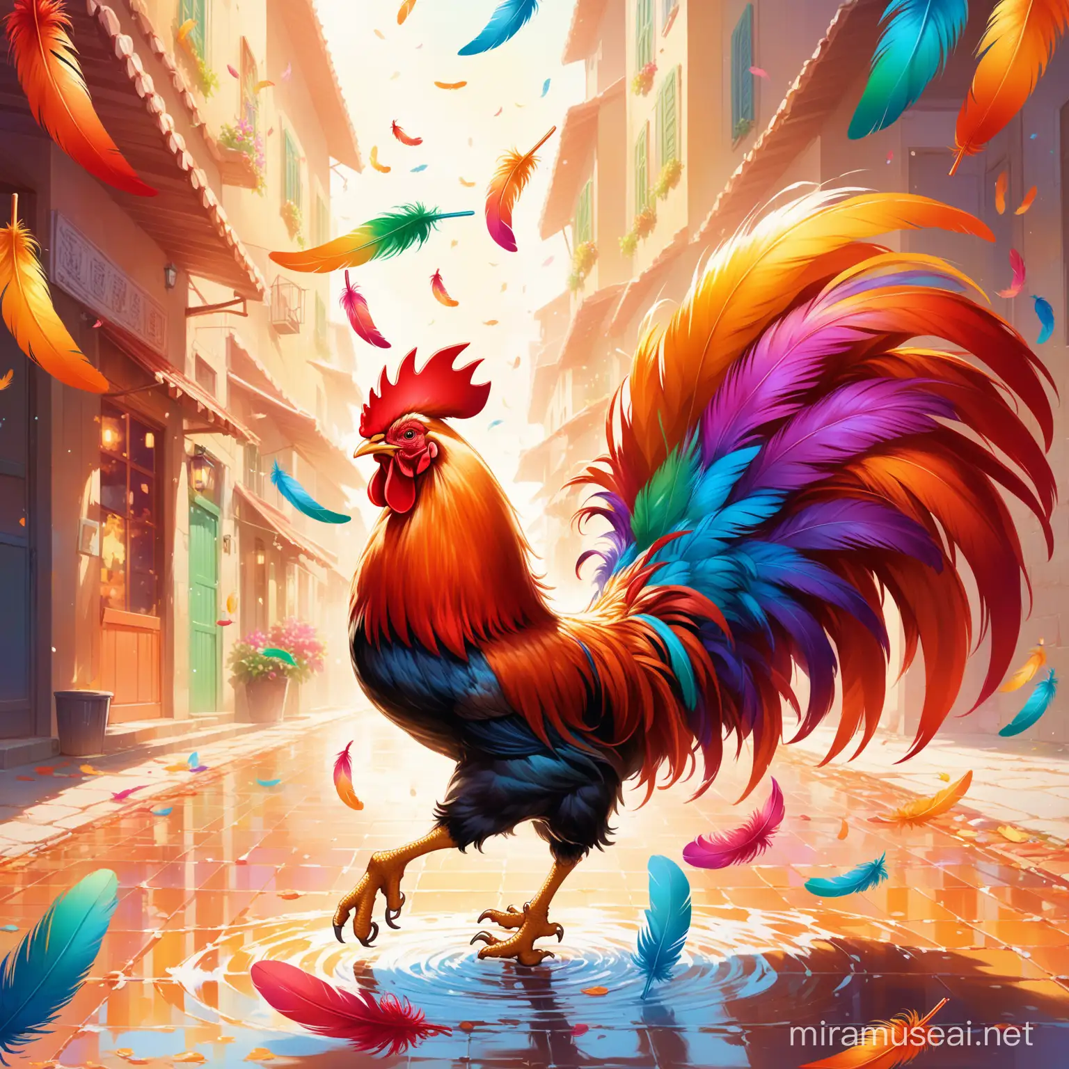 /imagine prompt: A whimsical and dynamic scene featuring a rooster with a riot of colorful feathers, with some feathers airborne, filling the space with a burst of color and movement. The rooster playfully steps on a puddle of orange-colored ink, adding a touch of spontaneity and fun to the composition. The background is transparent, allowing the focus to remain on the vibrant feathers and the playful antics of the rooster. The image is rendered with a blend of realism and artistic interpretation, capturing the energy and liveliness of the scene. Soft, diffused lighting enhances the colors and textures, creating a visually captivating and lively atmosphere. The mood is cheerful and whimsical, inviting viewers to enjoy the playful charm of the moment --ar 16:9 --v 5 --q 2
