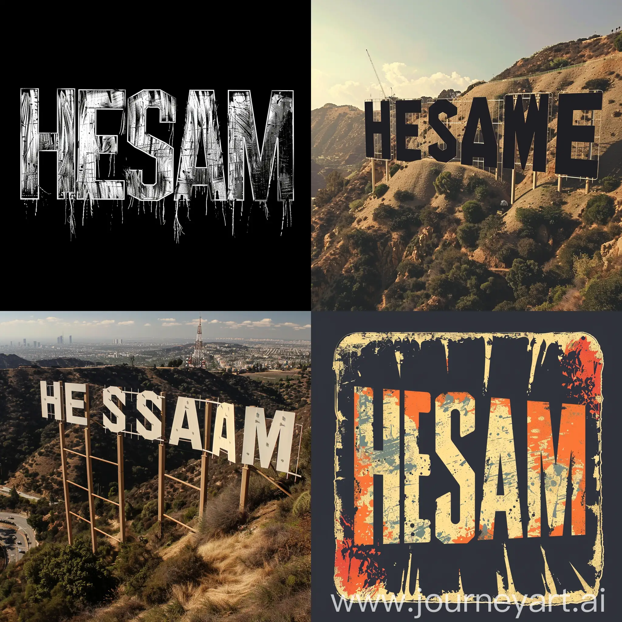 "HESAM" text in the style of the Hollywood sign