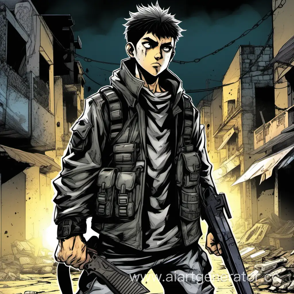 comic art, manga art, street warrior, syrian kid male, scarred, paramilitary gear, khopesh in mainhand, night street background, dim light