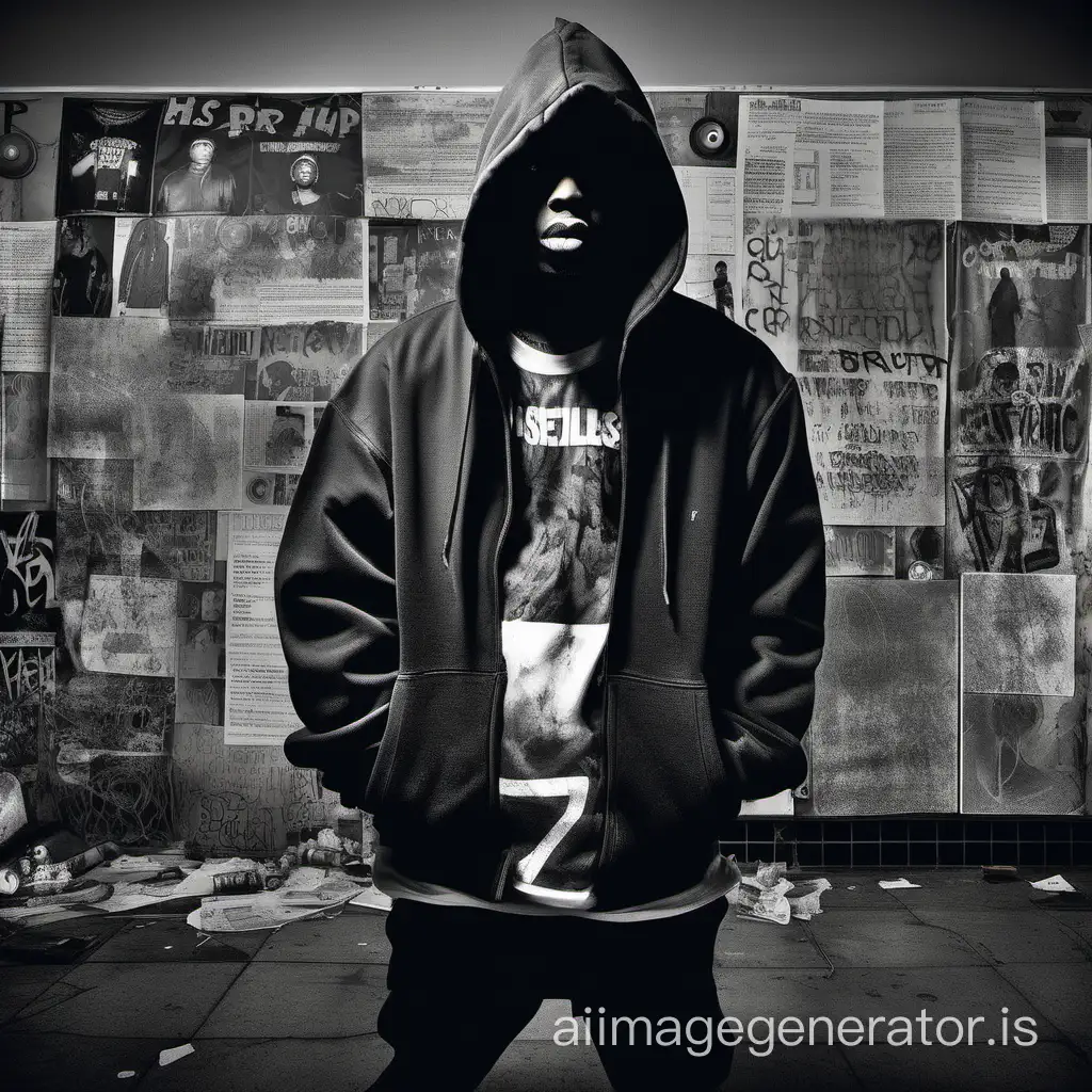 In a modern UK council house, capture the raw intensity of a hooded hip-hop artist grappling with a darker past. Employ gritty, urban tones to set the mood. The artist, shrouded in a hoodie, stands amidst fragments of memories—crumpled lyrics, old vinyl records, and faded graffiti. Use stark lighting to reveal the struggle etched on their face, casting shadows that echo the weight of the past. This evocative image paints a contemporary narrative of resilience, blending the edginess of the UK hip-hop scene with the echoes of a complex history.

